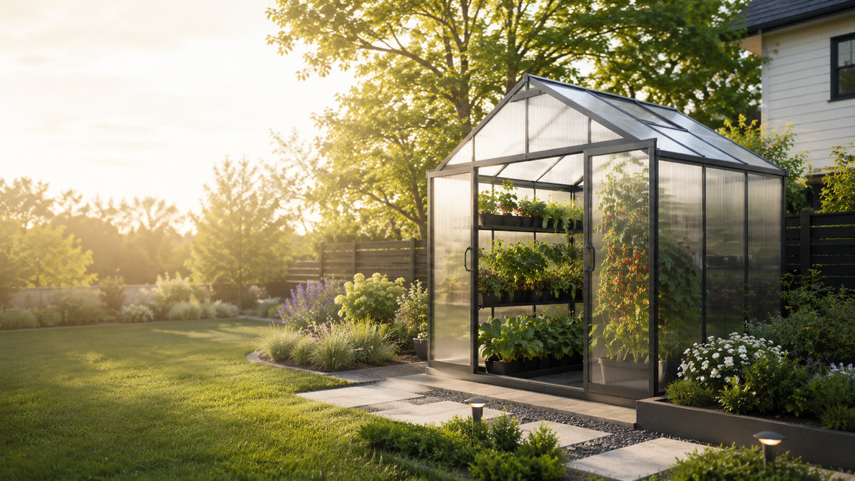 Greenhouse in a landscaped home garden