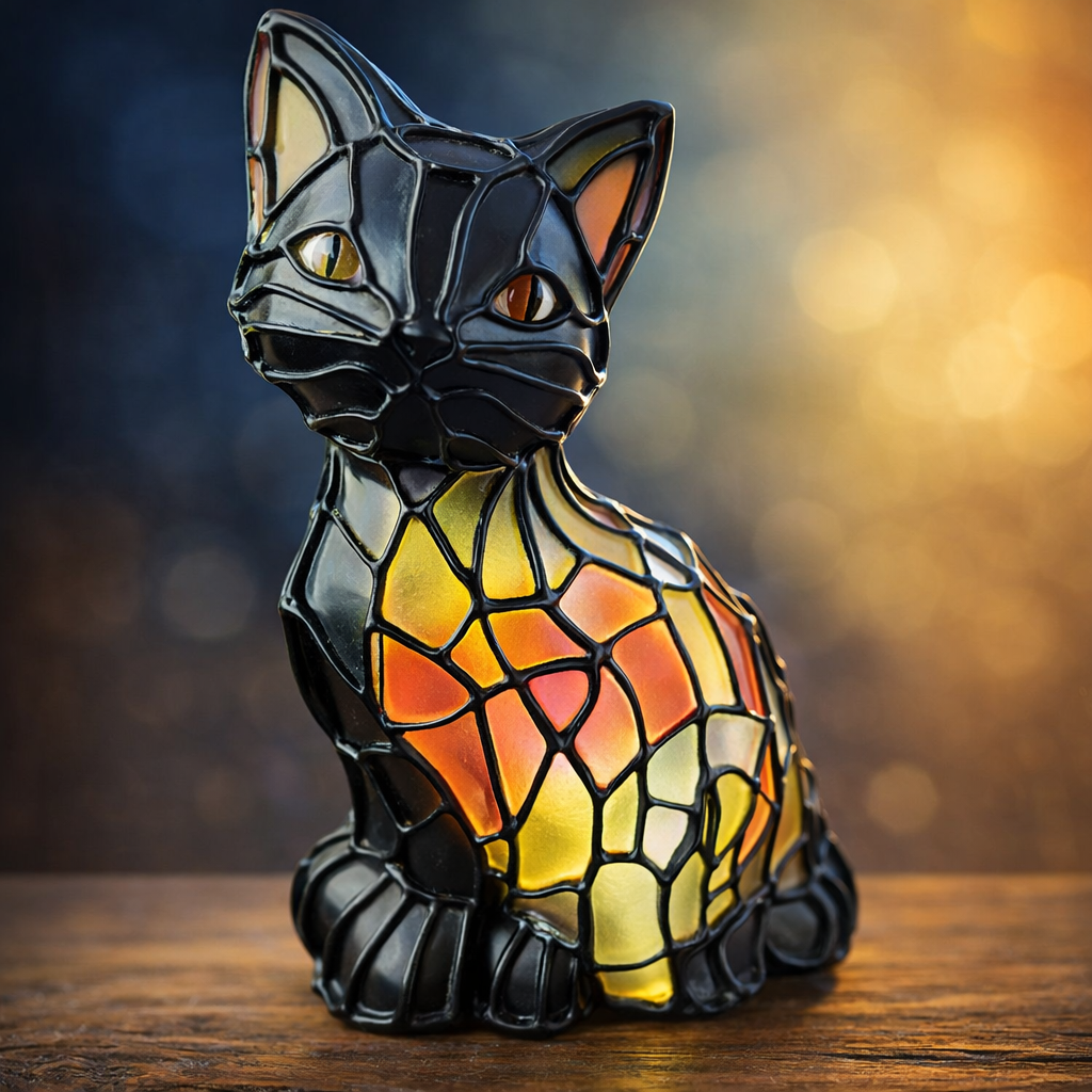 Decorative Cat Table Lamp with Tiffany Style Mosaic for Interior