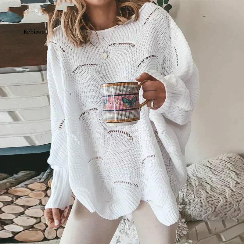 Ladies Oversized Jumper with Openwork Pattern for Comfortable and Trendy
