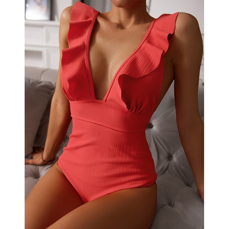 Swimsuit for Women with Ruffles and Deep V-Neck
