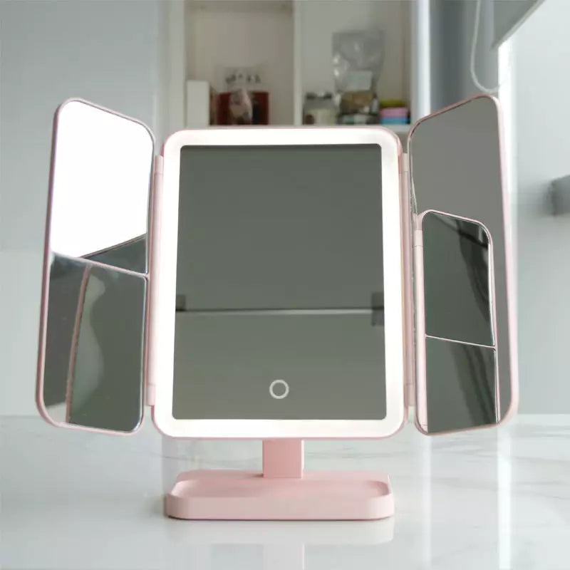 Mirror with Lumière Makeup LED Lighting for Adjustable Magnification and Stylish Storage