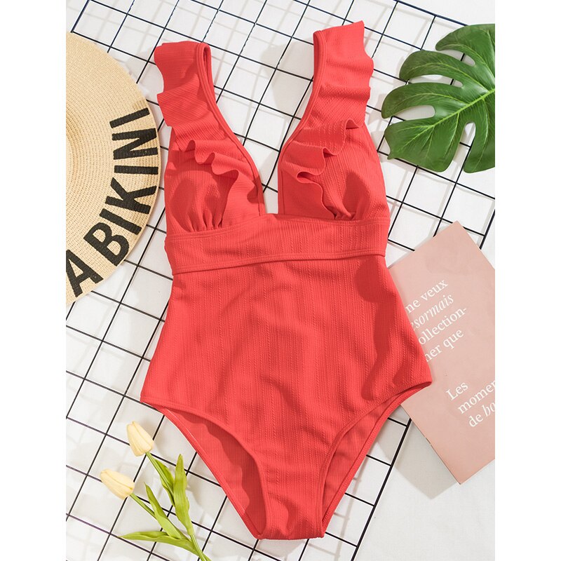Swimsuit for Women with Ruffles and Deep V-Neck