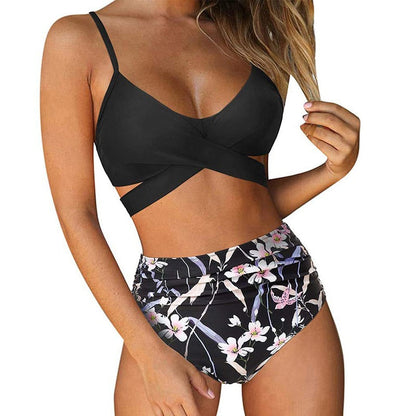 Ladies High Waist Bikini with Tropical Print and Pads