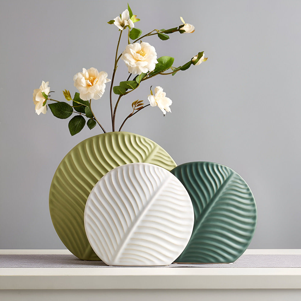 Minimalist Ceramic Vase with Leaf Relief for Scandinavian Interior Living