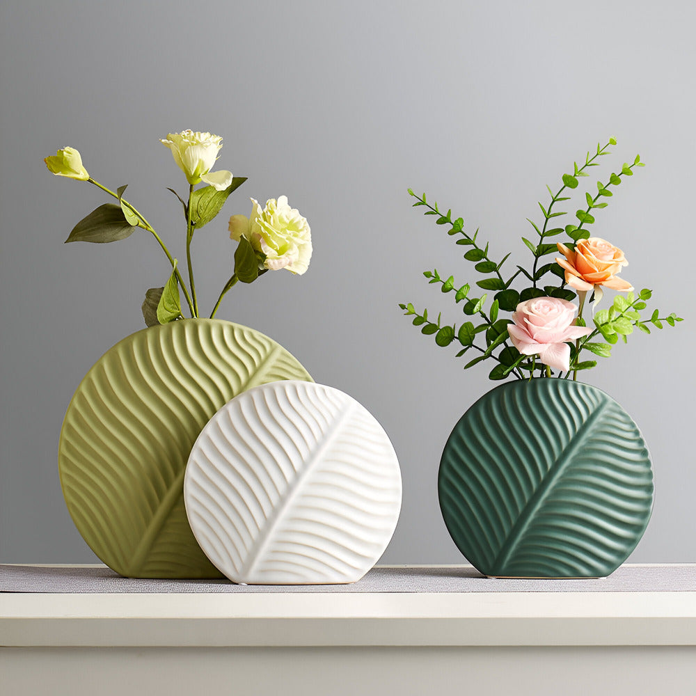 Minimalist Ceramic Vase with Leaf Relief for Scandinavian Interior Living