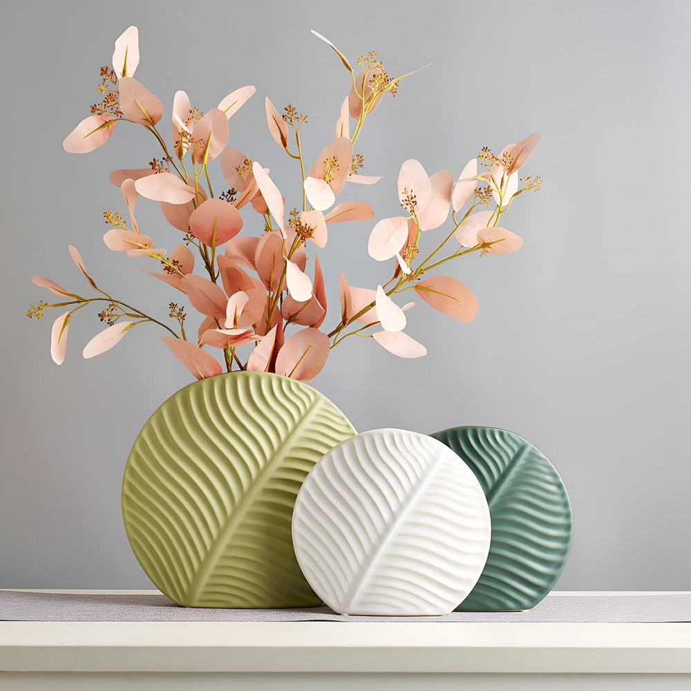 Minimalist Ceramic Vase with Leaf Relief for Scandinavian Interior Living