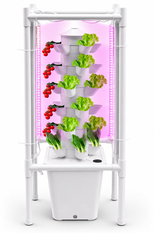 Indoor hydroponic tower with LED lights and floor-standing design