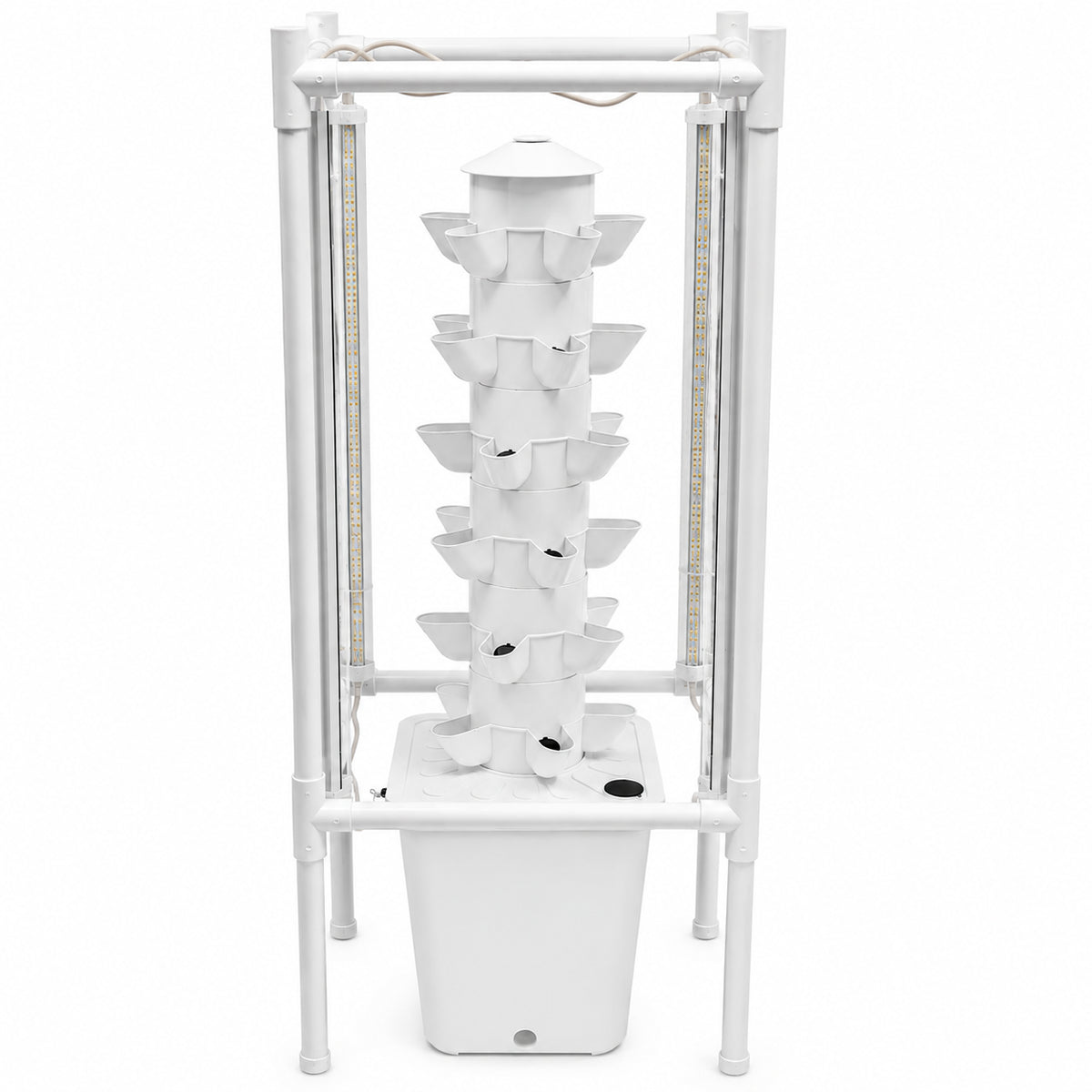 Hydroponic growing system with 10L tank and cylindrical tower structure