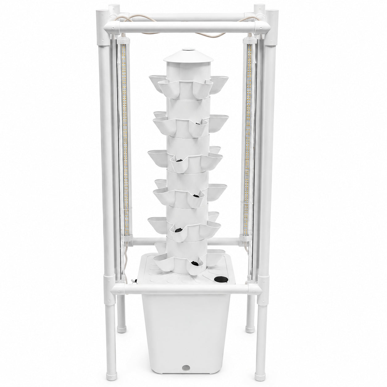 Hydroponic growing system with 10L tank and cylindrical tower structure