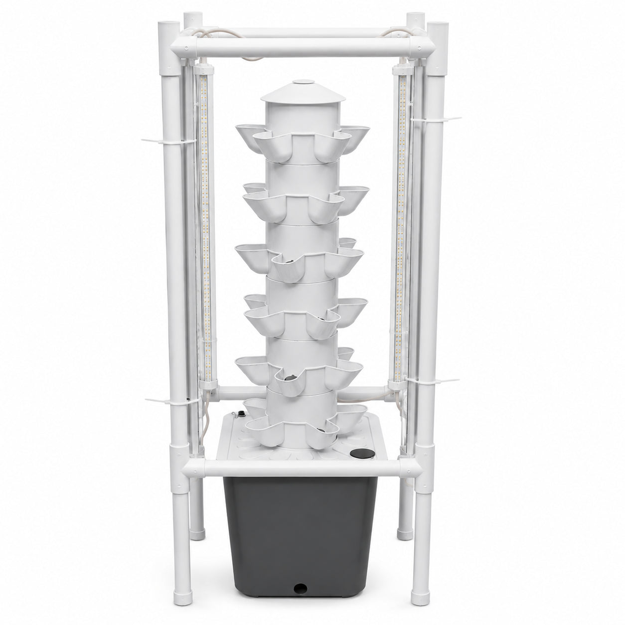 Hydroponic growing system with 10L tank and cylindrical tower structure