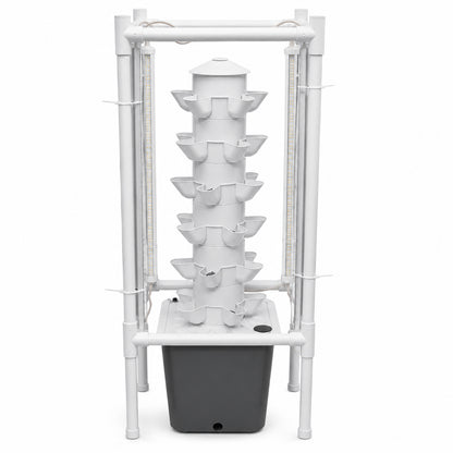 Hydroponic growing system with 10L tank and cylindrical tower structure