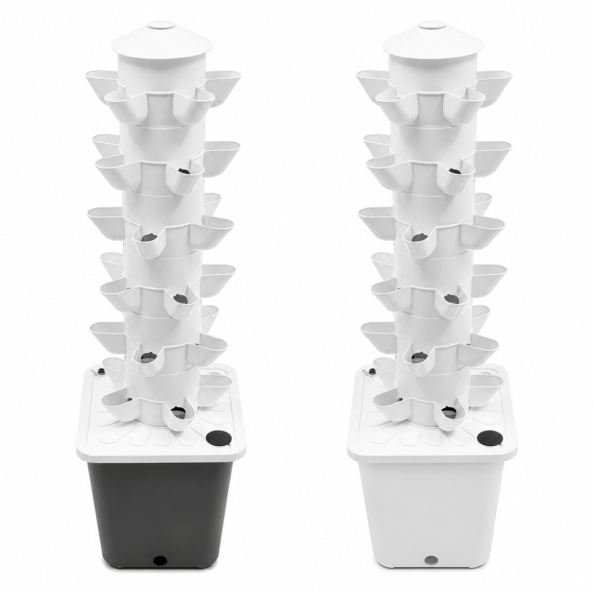 Hydroponic growing system with 10L tank and cylindrical tower structure