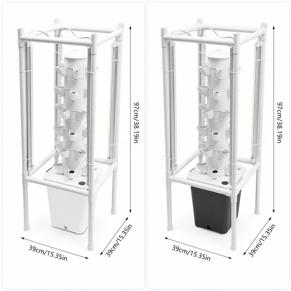 Hydroponic growing system with 10L tank and cylindrical tower structure
