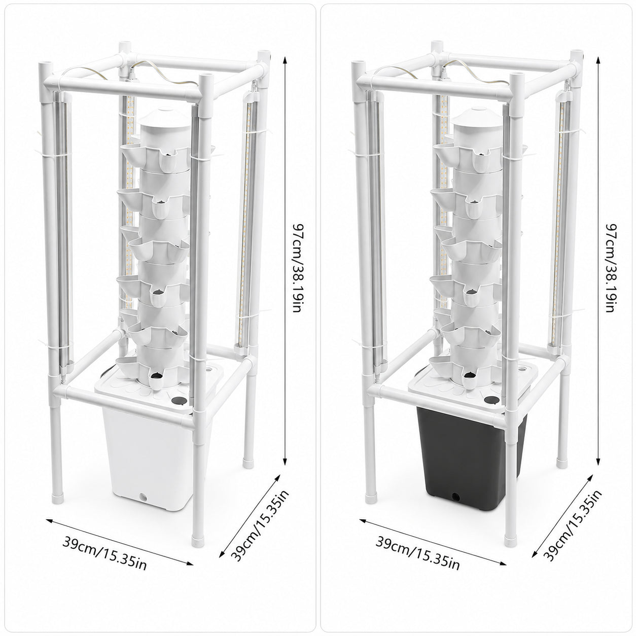 Hydroponic growing system with 10L tank and cylindrical tower structure