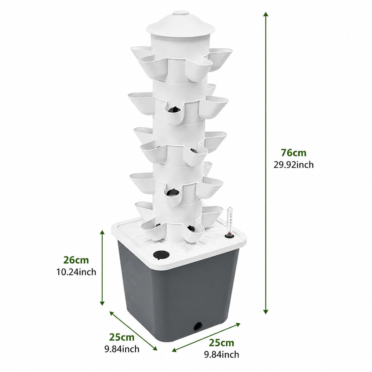 Dimensions of 25-hole vertical hydroponic growing system