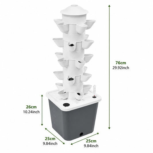 Dimensions of 25-hole vertical hydroponic growing system