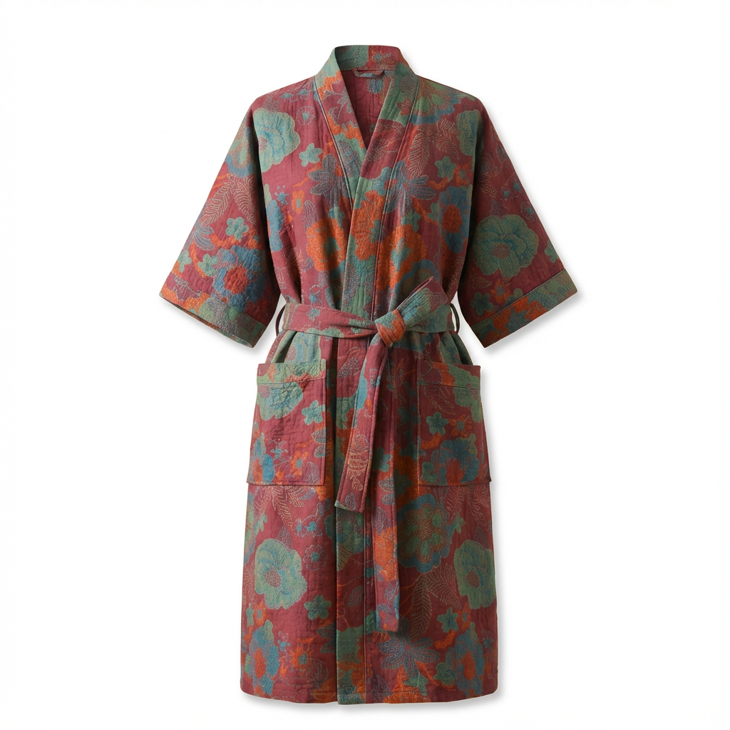 Ladies' Kimono Bathrobe with Botanical Pattern in Organic Cotton
