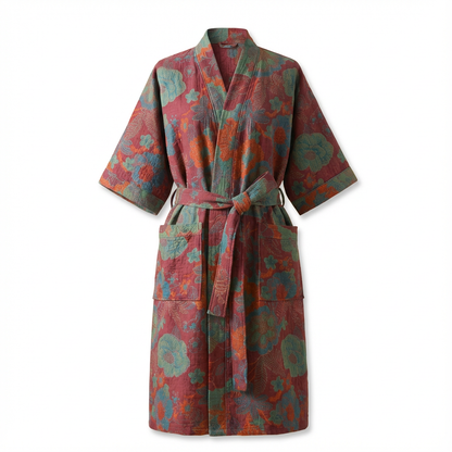 Ladies' Kimono Bathrobe with Botanical Pattern in Organic Cotton