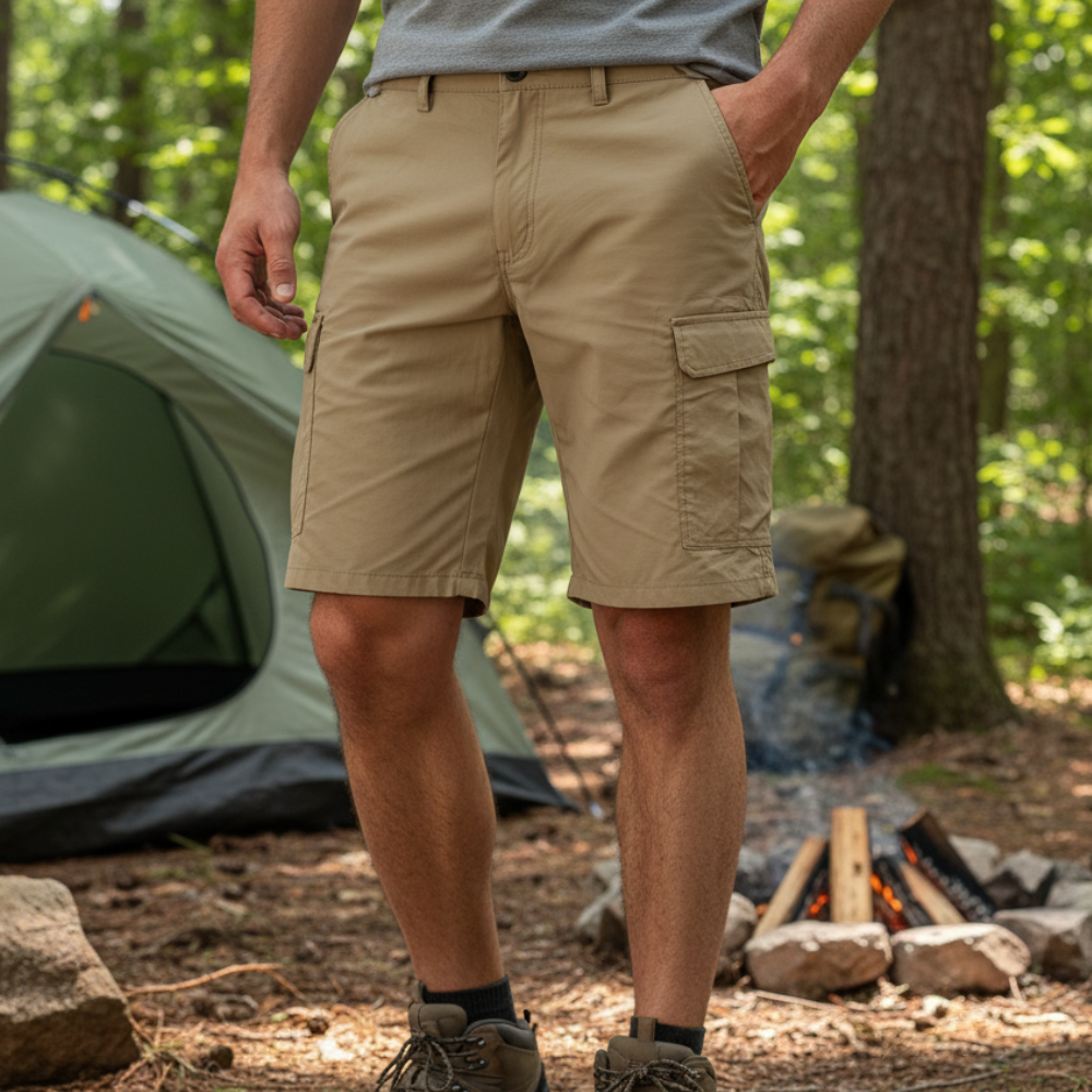 Men's Cotton Cargo Shorts with Six Pockets for Outdoor Use
