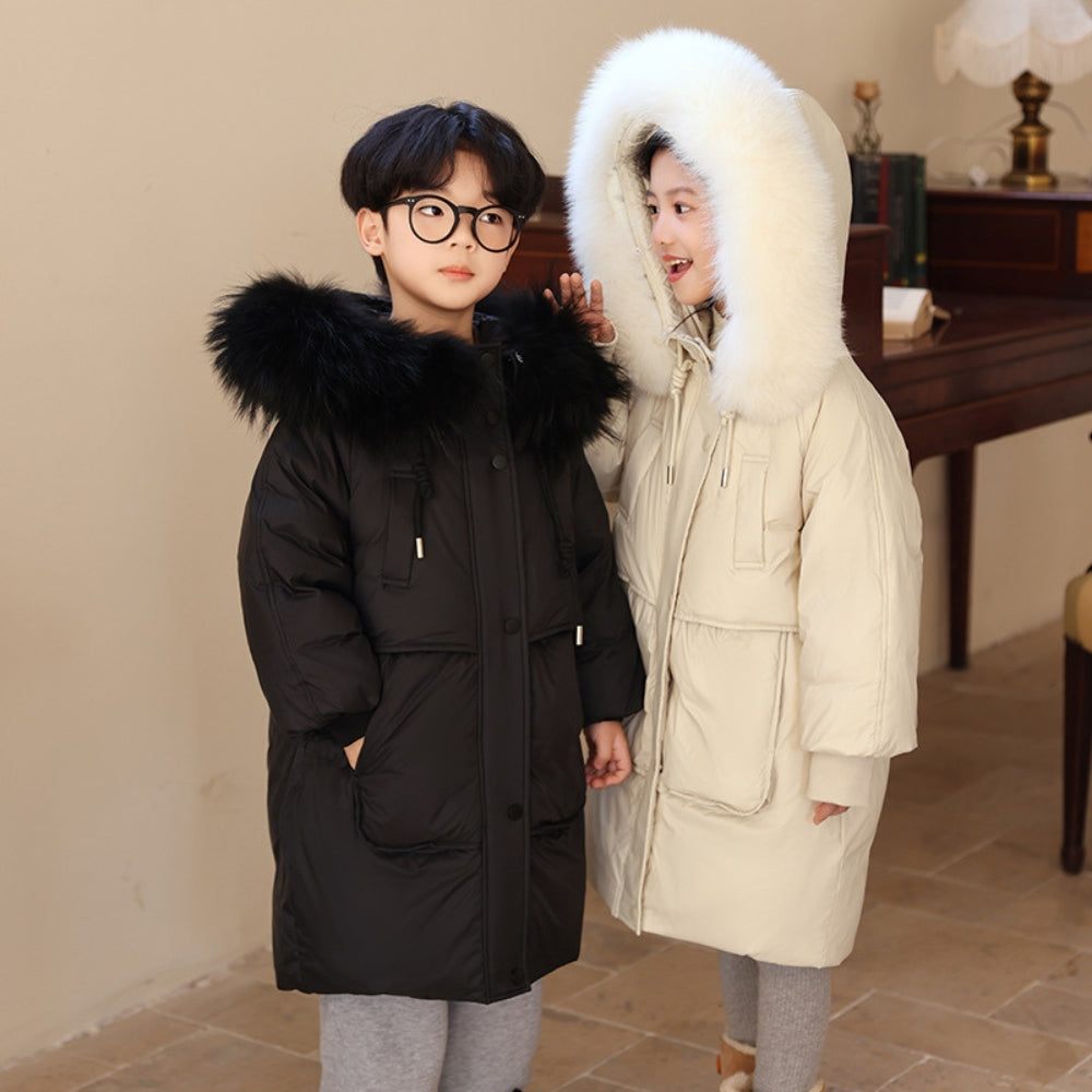 Children's Winter Coat for Boys and Girls with Long Fit and Fur Collar