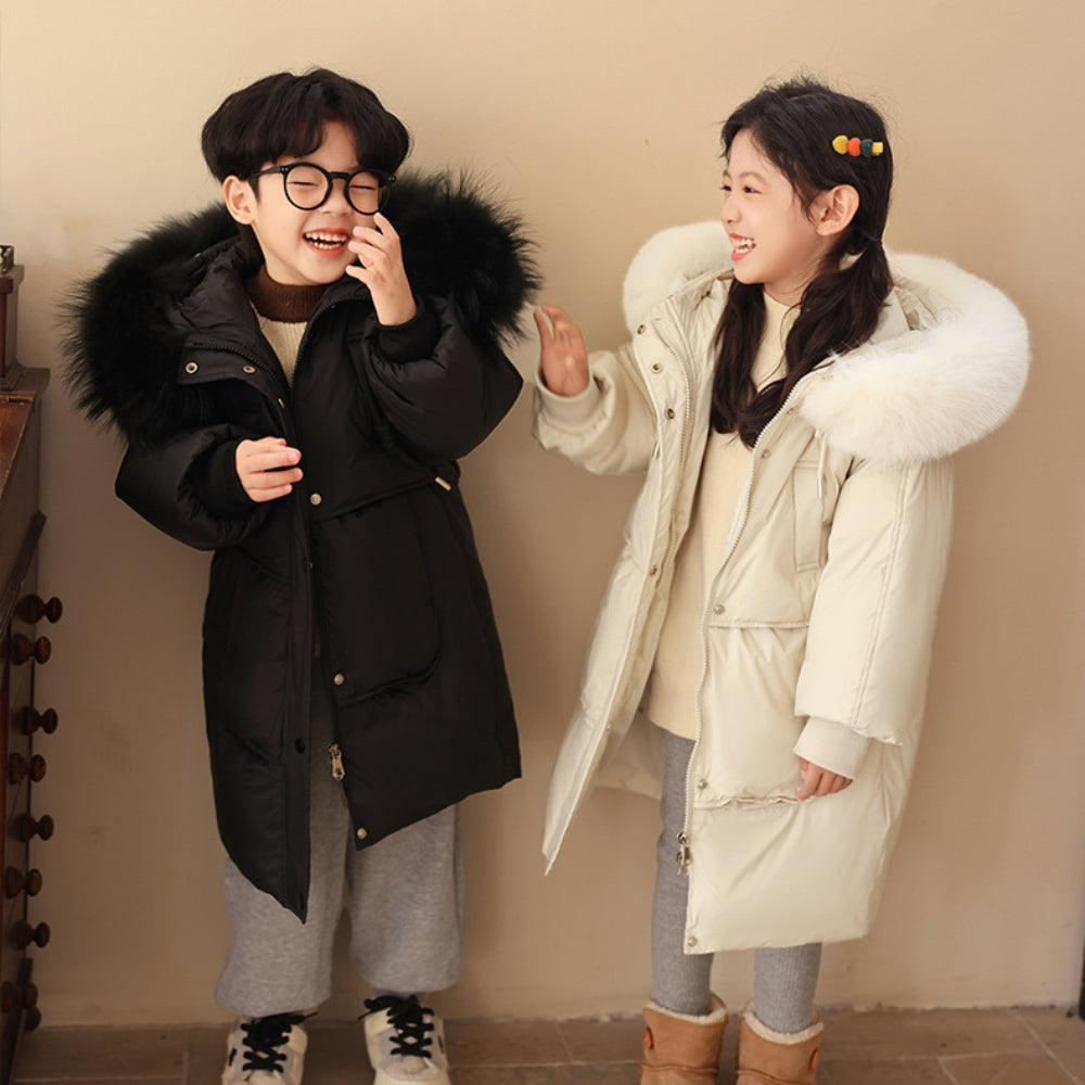 Children's Winter Coat for Boys and Girls with Long Fit and Fur Collar
