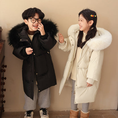 Children's Winter Coat for Boys and Girls with Long Fit and Fur Collar