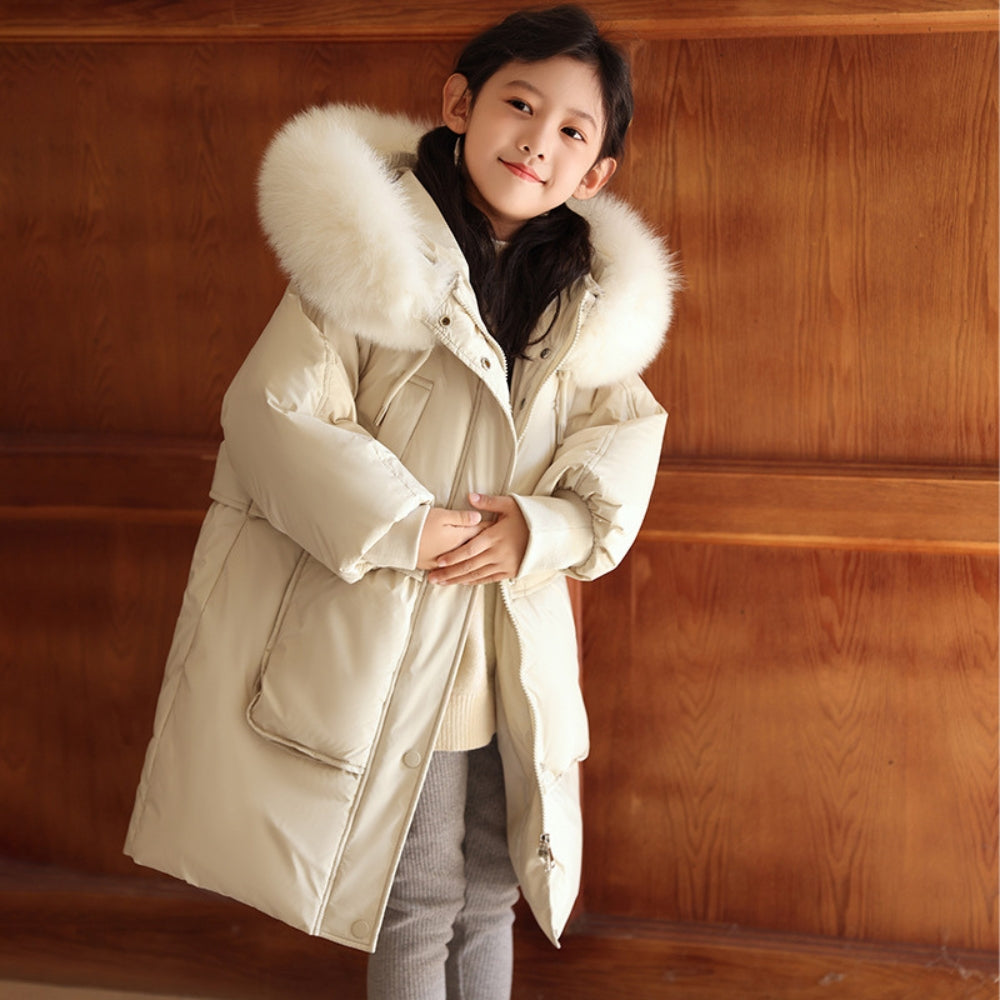 Children's Winter Coat for Boys and Girls with Long Fit and Fur Collar