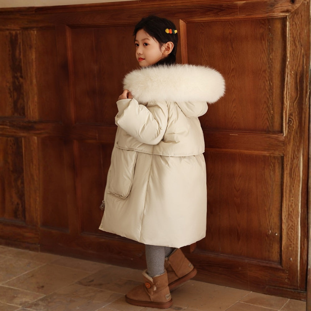 Children's Winter Coat for Boys and Girls with Long Fit and Fur Collar
