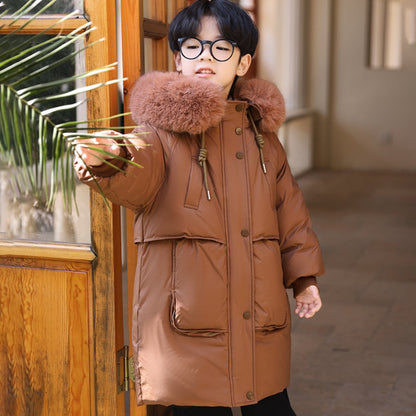 Children's Winter Coat for Boys and Girls with Long Fit and Fur Collar