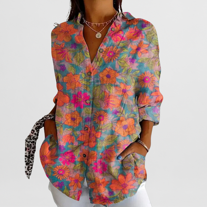 Ladies' Blouse with Tropical Floral Pattern and Loose Fit