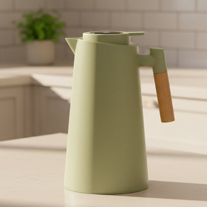 Thermal Flask with Temperature Display, Double-Walled Stainless Steel and Wooden Handle