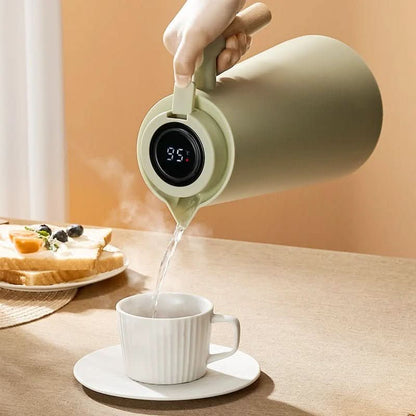 Thermal Flask with Temperature Display, Double-Walled Stainless Steel and Wooden Handle