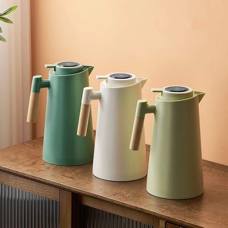 Thermal Flask with Temperature Display, Double-Walled Stainless Steel and Wooden Handle