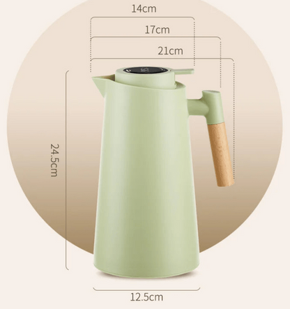 Thermal Flask with Temperature Display, Double-Walled Stainless Steel and Wooden Handle