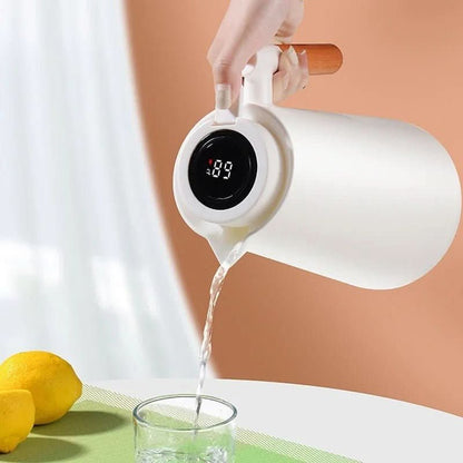 Thermal Flask with Temperature Display, Double-Walled Stainless Steel and Wooden Handle