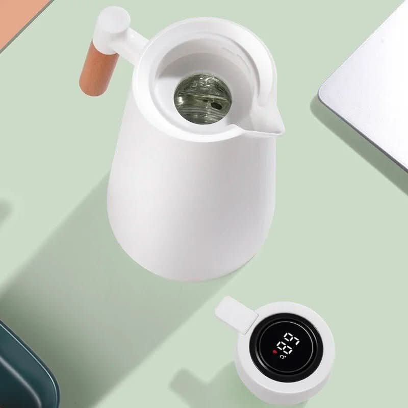 Thermal Flask with Temperature Display, Double-Walled Stainless Steel and Wooden Handle