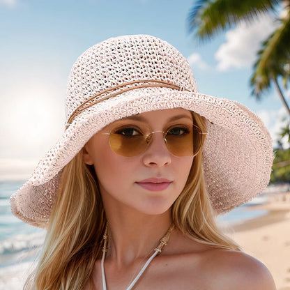 Ladies' Sun Hat with Wide Brim and Woven Straw Design
