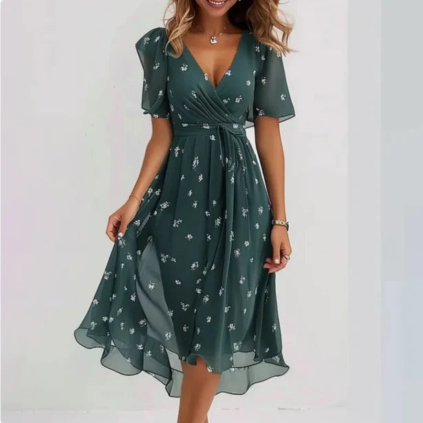 Ladies' Summer Dress with Floral Print and Wrap Design with V Neck