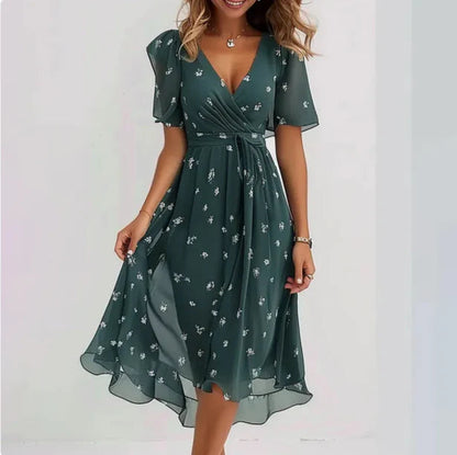 Ladies' Summer Dress with Floral Print and Wrap Design with V Neck