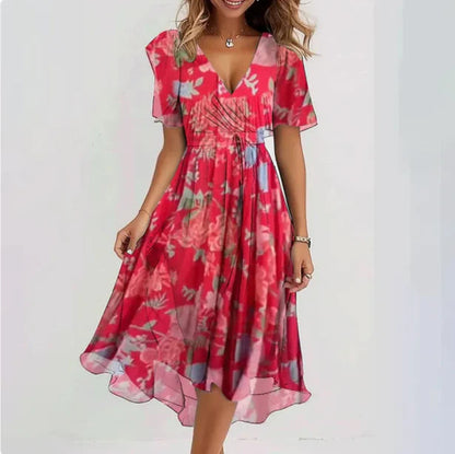 Ladies' Summer Dress with Floral Print and Wrap Design with V Neck
