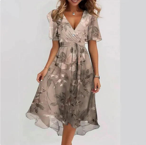 Ladies' Summer Dress with Floral Print and Wrap Design with V Neck