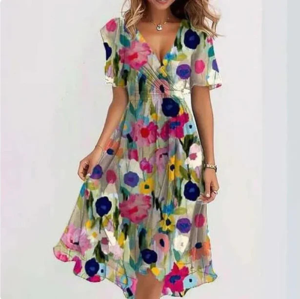 Ladies' Summer Dress with Floral Print and Wrap Design with V Neck