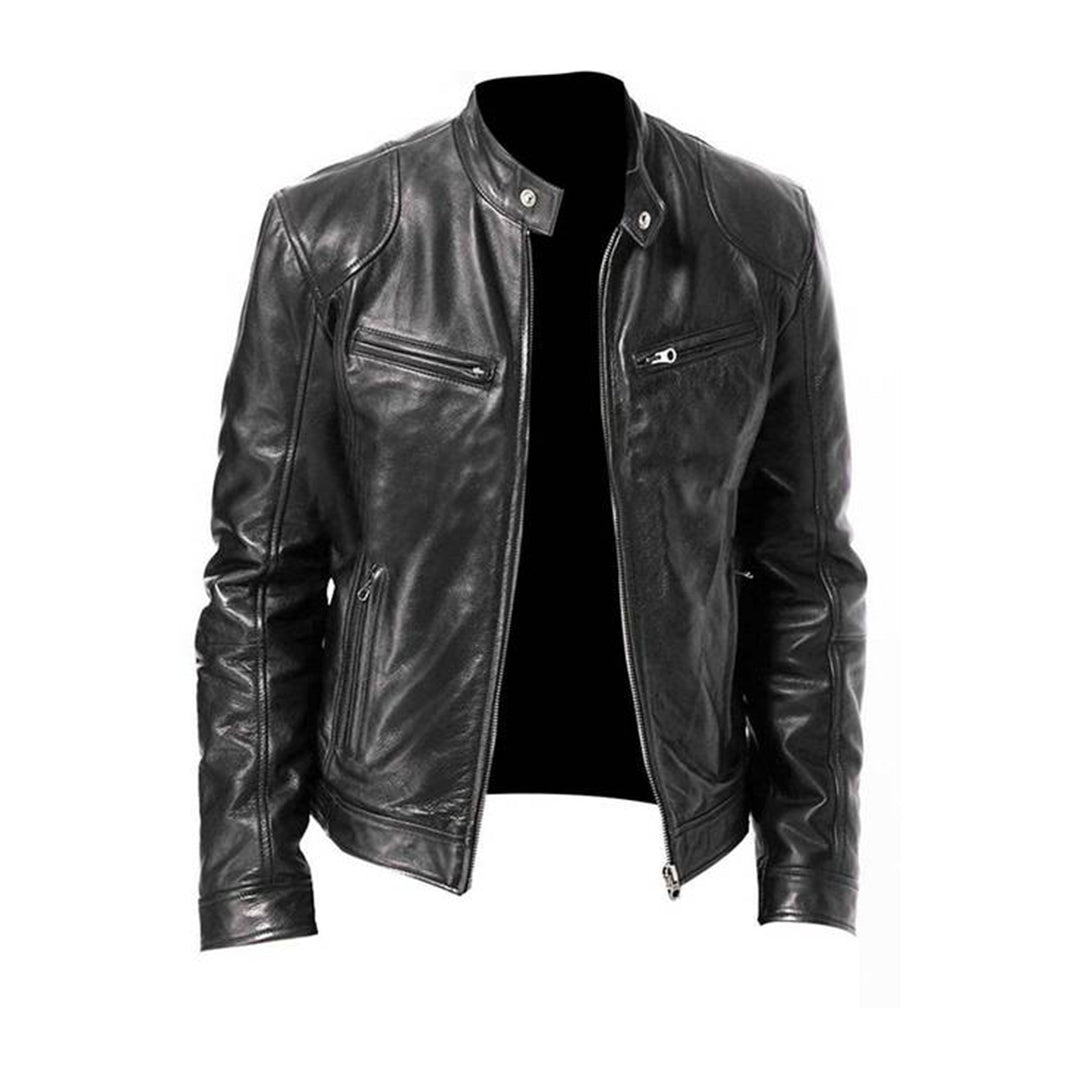 Stand with Men's Leather Jacket with Up Collar and Zip for Timeless, Stylish, and Comfortable