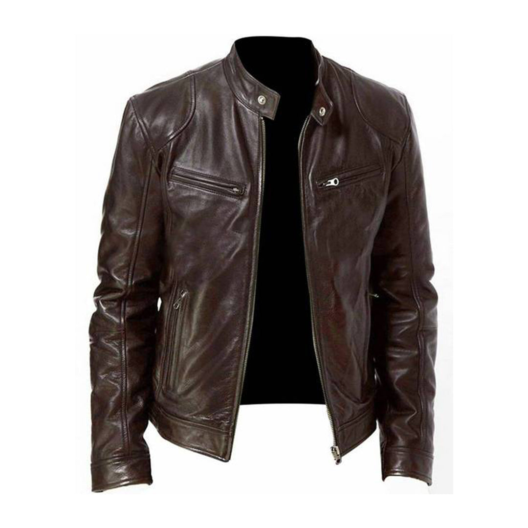 Stand with Men's Leather Jacket with Up Collar and Zip for Timeless, Stylish, and Comfortable