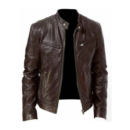 Stand with Men's Leather Jacket with Up Collar and Zip for Timeless, Stylish, and Comfortable