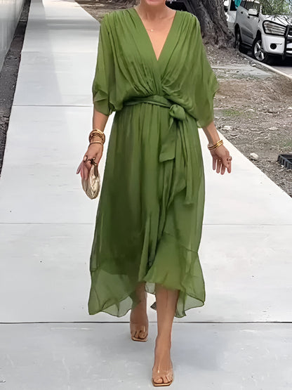 Elegant Ladies' Summer Dress with V Neck and Waist Belt