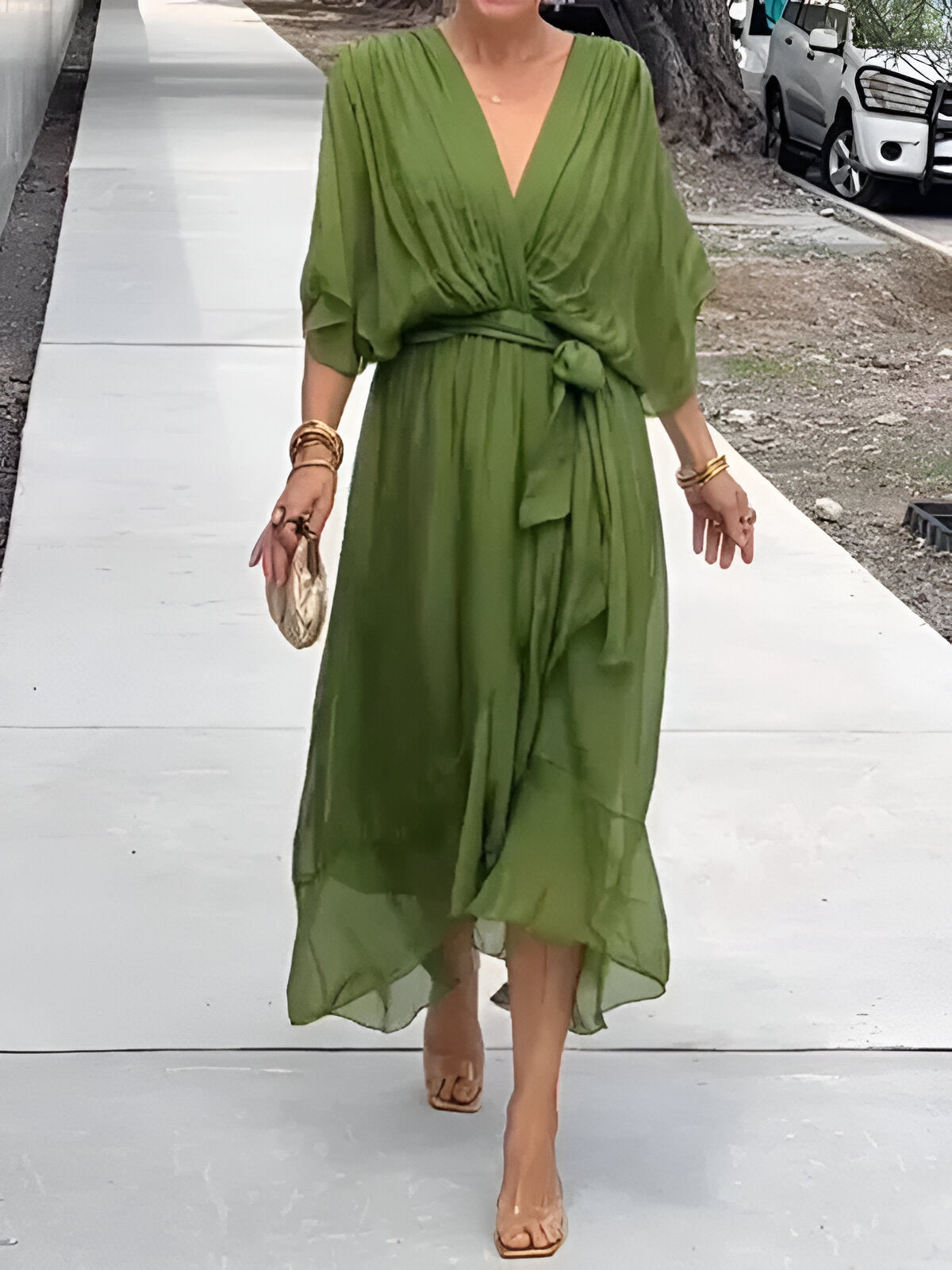 Elegant Ladies' Summer Dress with V Neck and Waist Belt