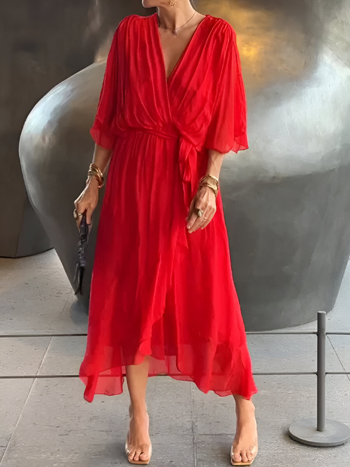 Elegant Ladies' Summer Dress with V Neck and Waist Belt
