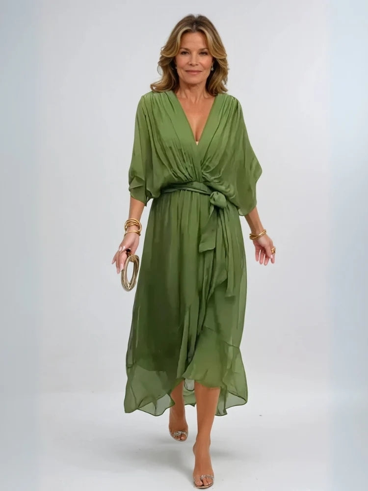 Elegant Ladies' Summer Dress with V Neck and Waist Belt