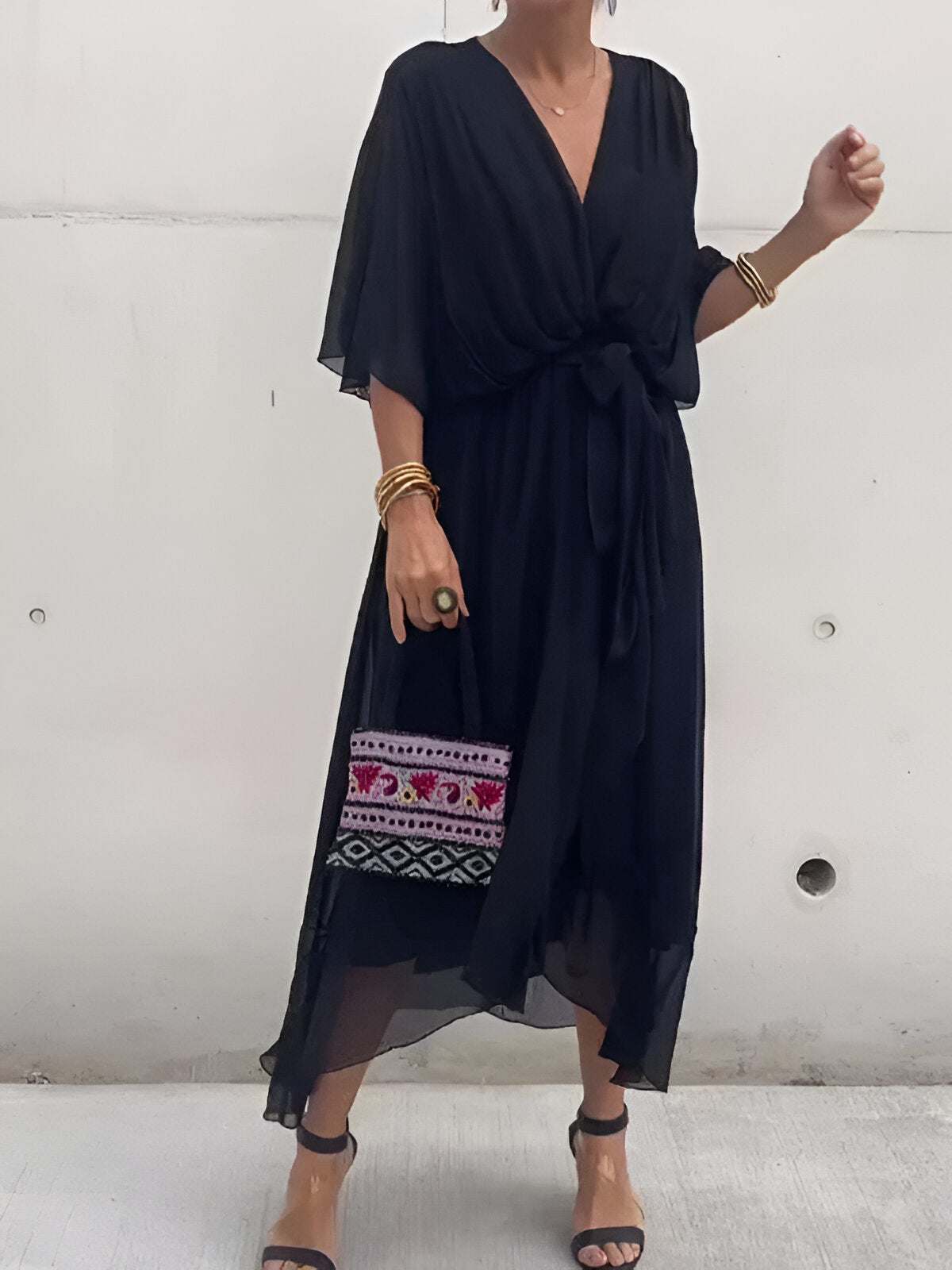 Elegant Ladies' Summer Dress with V Neck and Waist Belt
